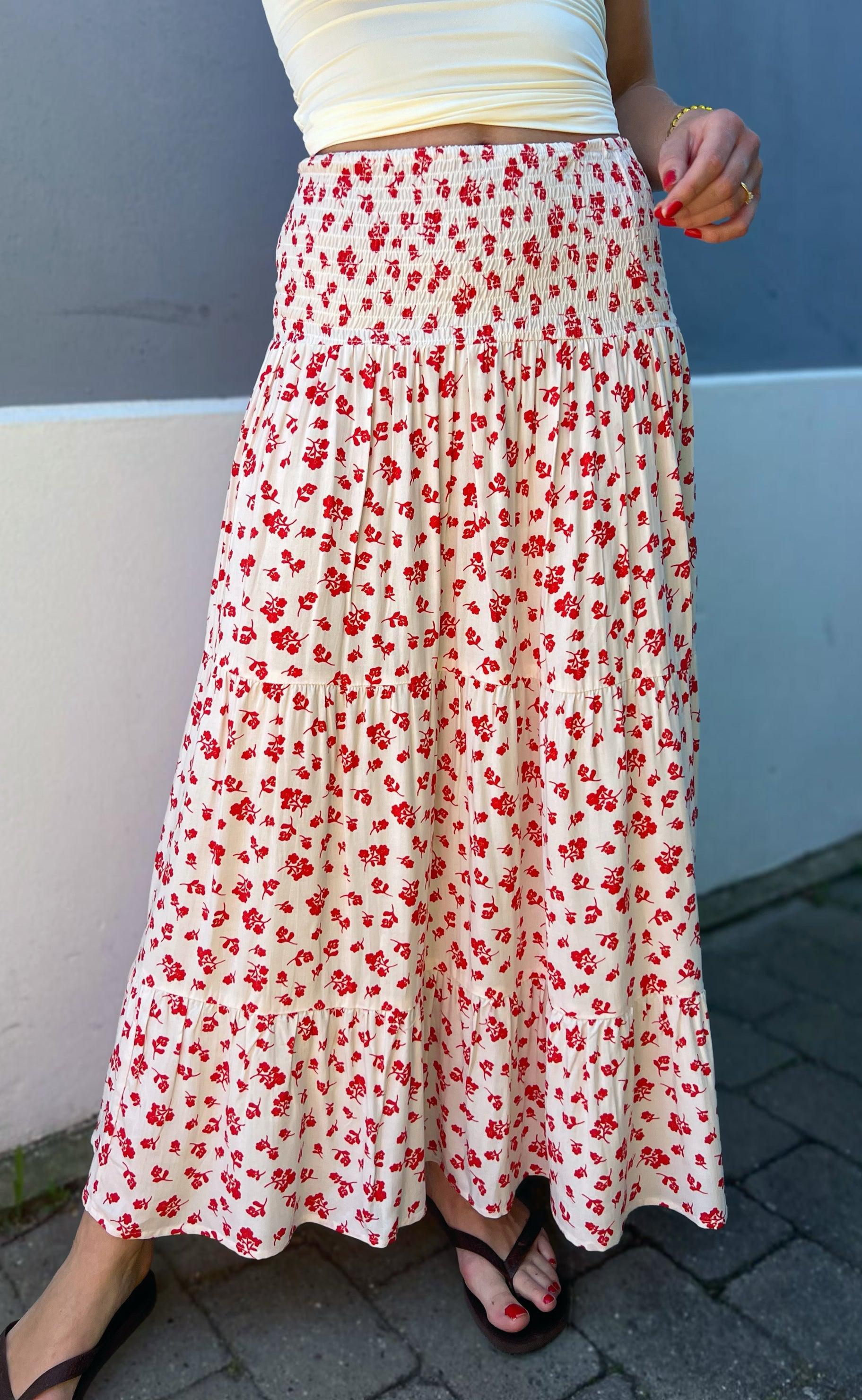 Say INA Copenhagen Nederdel - Nikoline - White/Red Flowers Hot på udsalg
