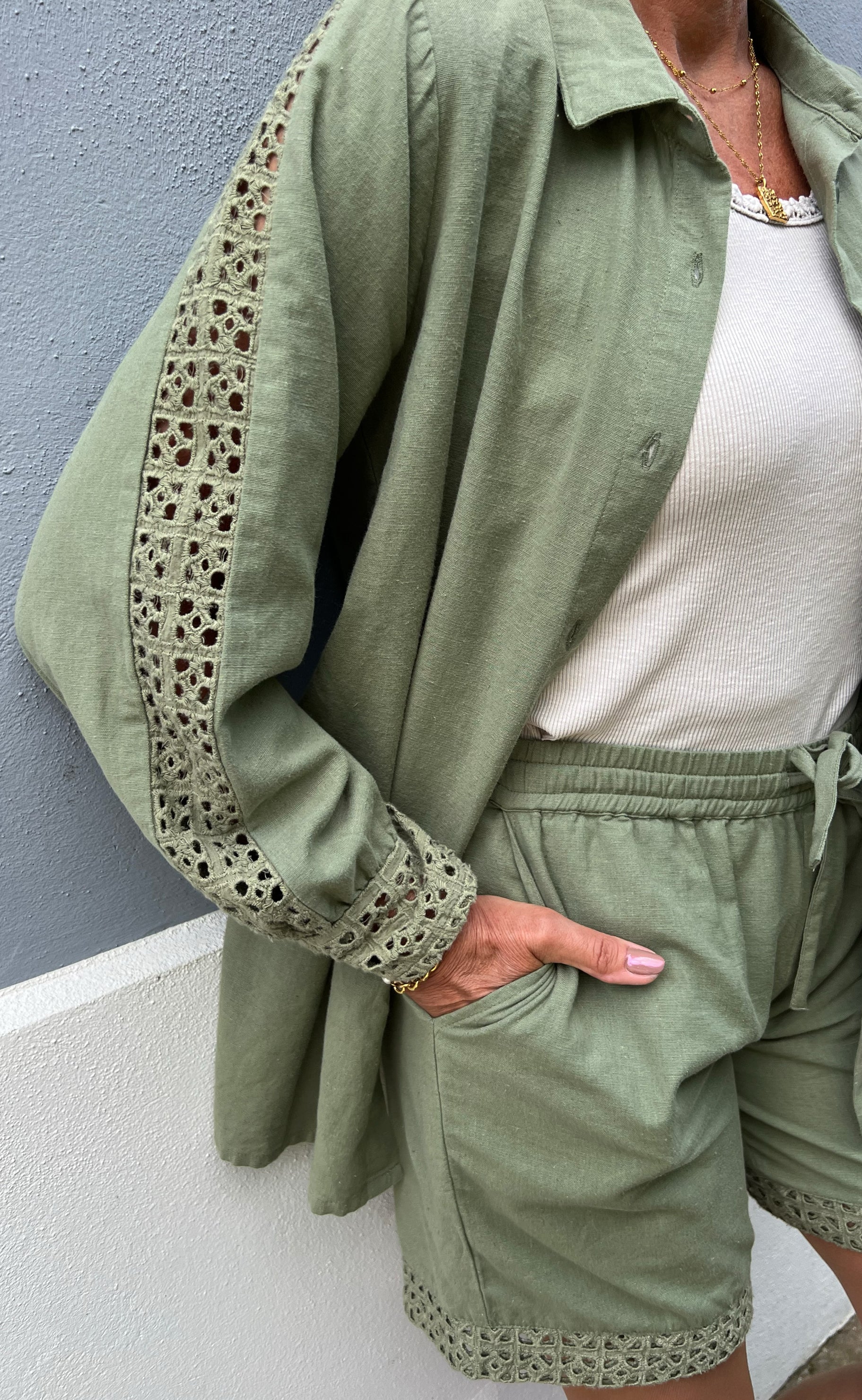 Say INA Copenhagen Skjorte - Sandy Linen - Army Green Online salg