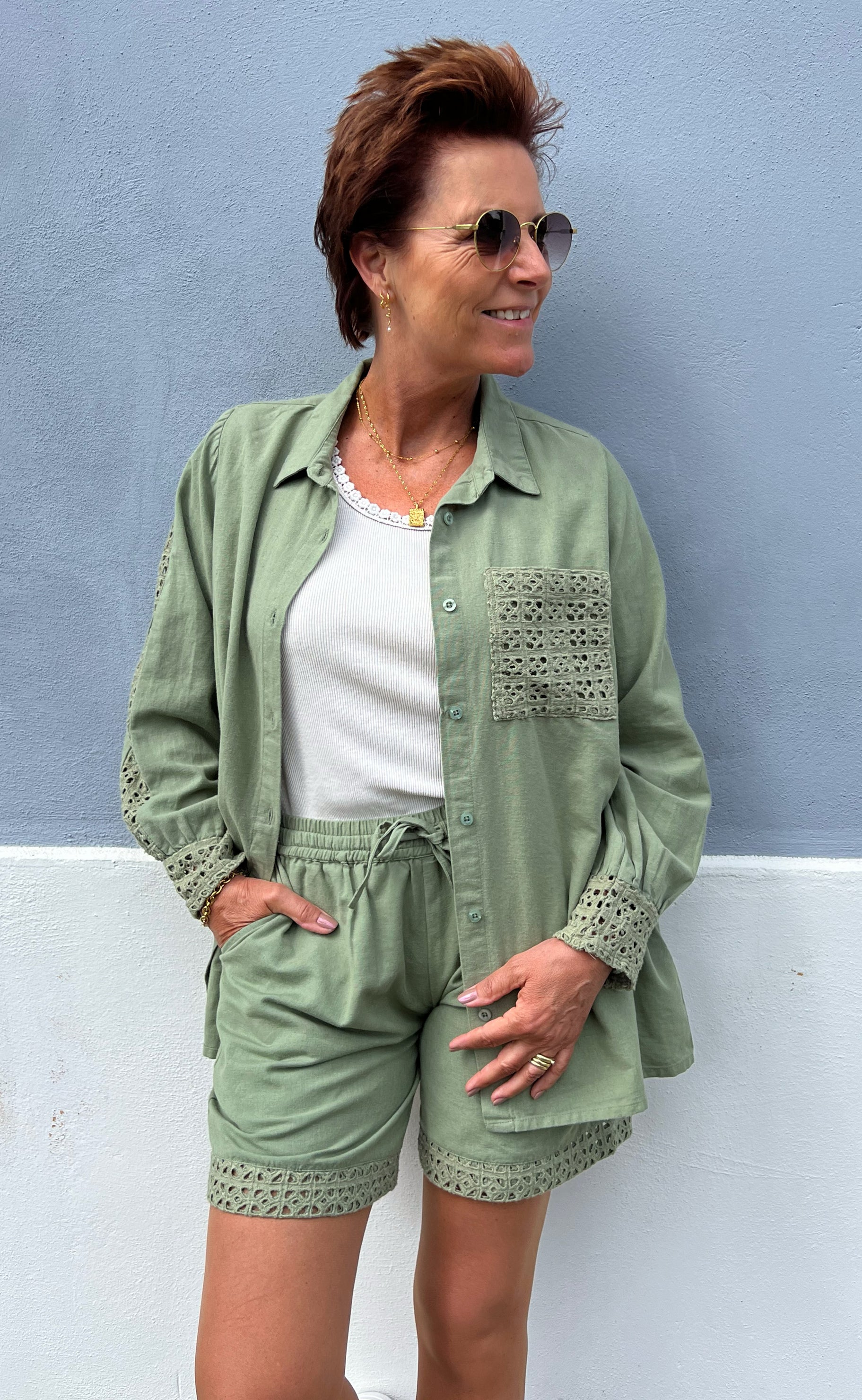 Say INA Copenhagen Skjorte - Sandy Linen - Army Green Online salg