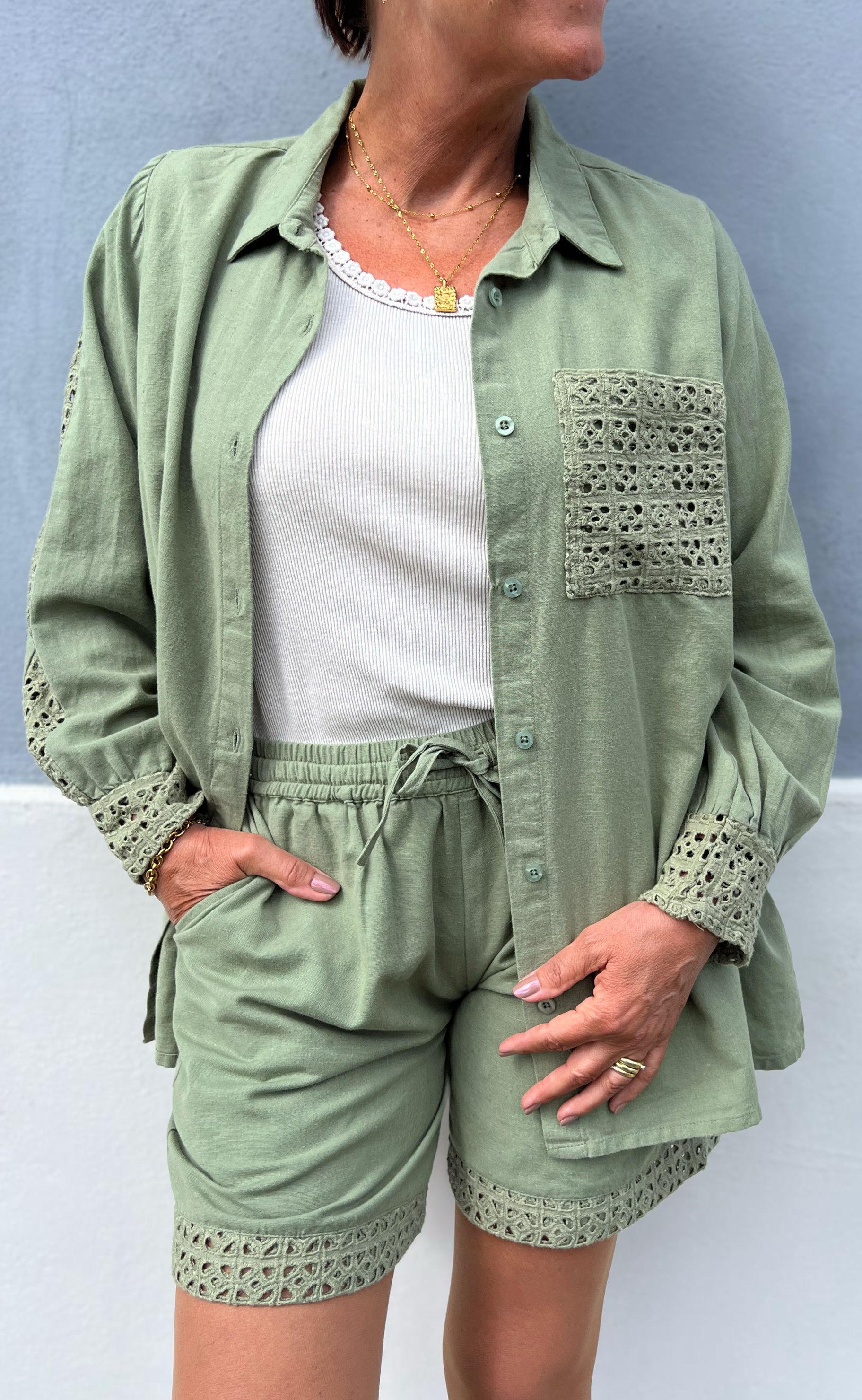 Say INA Copenhagen Skjorte - Sandy Linen - Army Green Online salg
