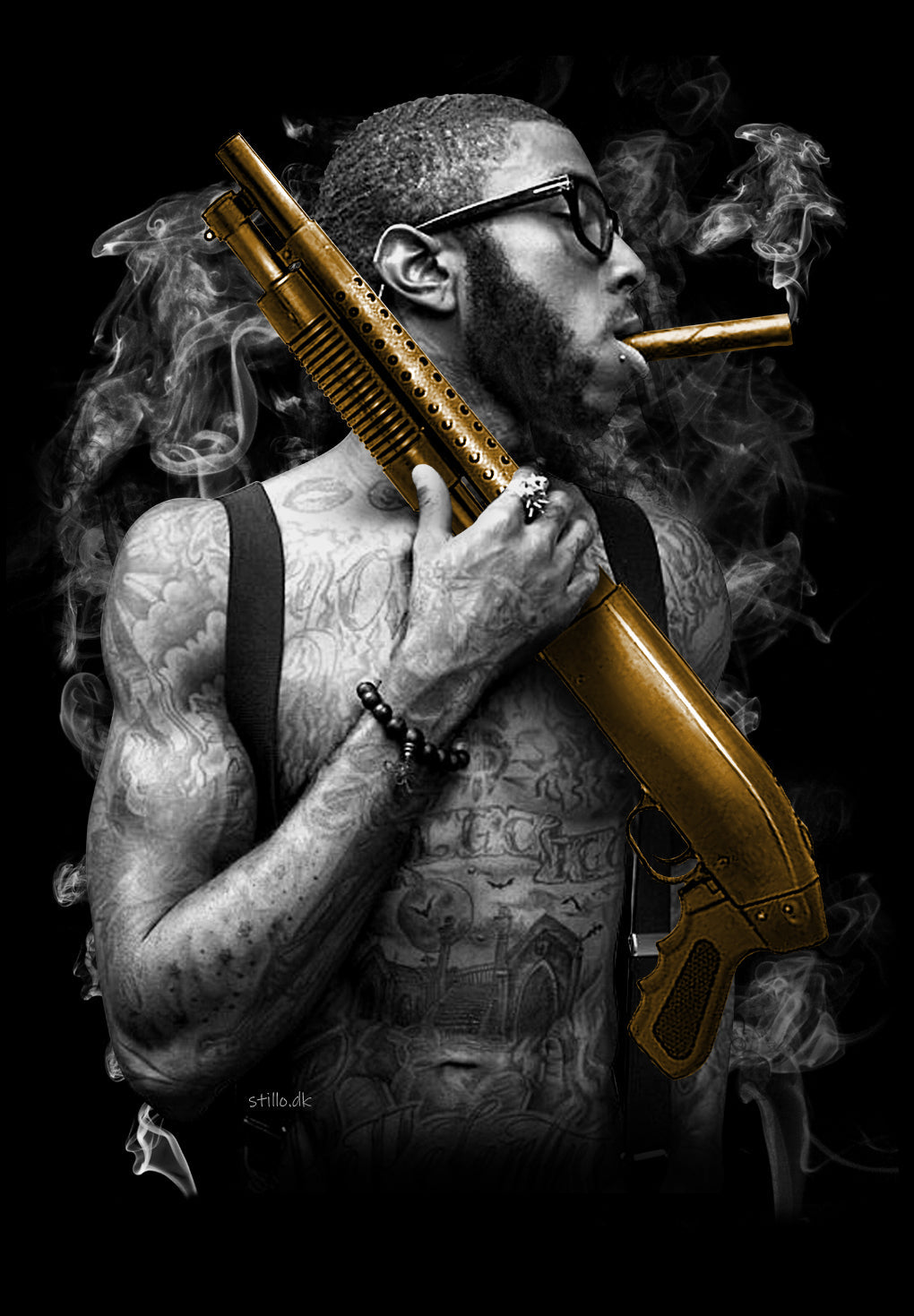 Stillo Man with Tattoo Handling Shotgun T-shirt