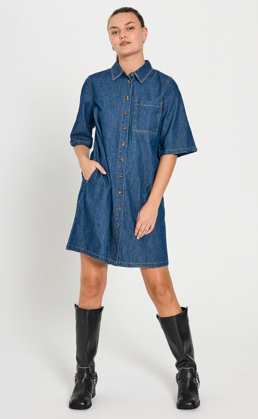 Freequent Kjole - Lisea - Medium Blue Denim Online salg