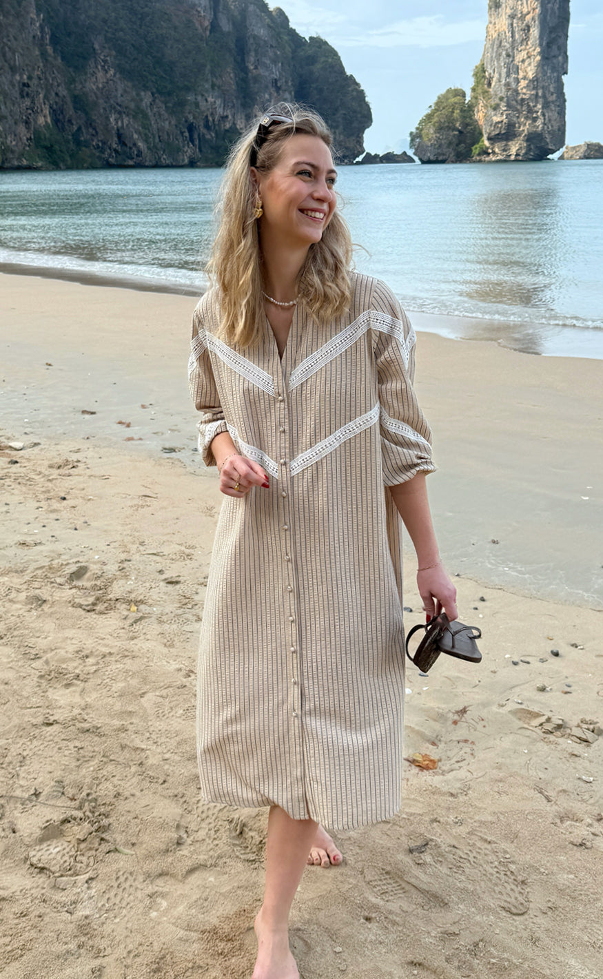 Say INA Copenhagen Kjole - Viola - Camel / Black Striped Hot på udsalg