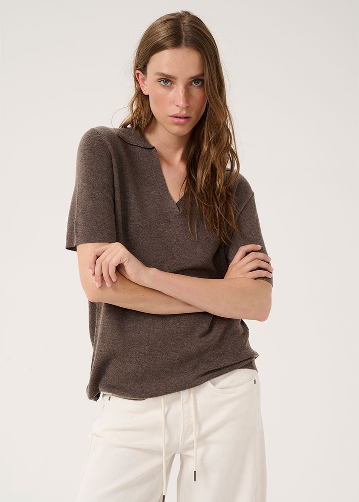My Essential Wardrobe Polly Polo Bluse - Major Brown Melange