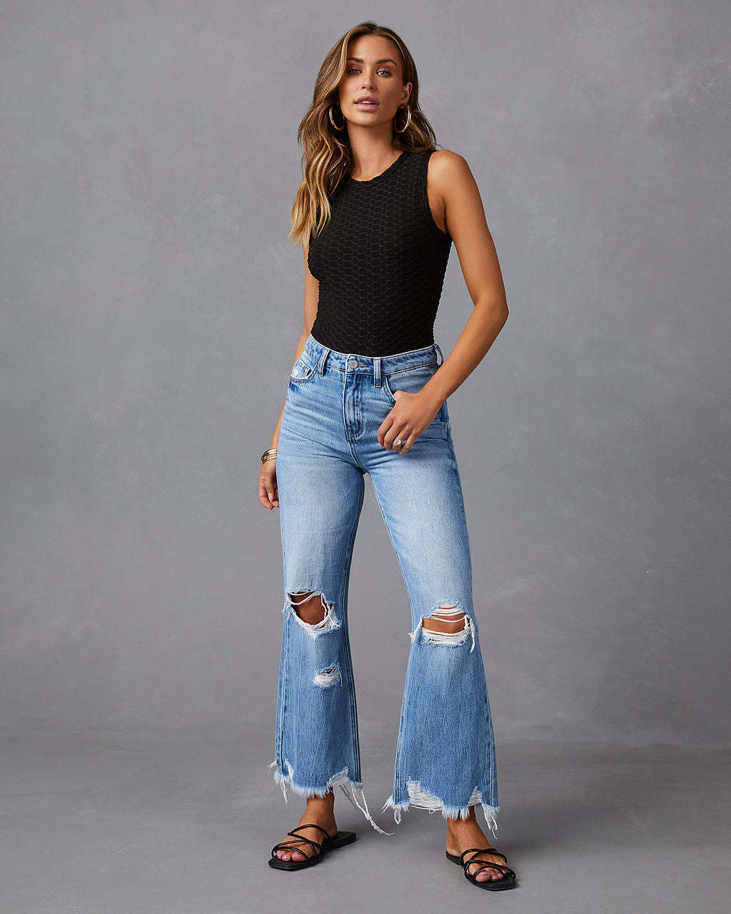 Rippede jeans med høj talje og brede ben