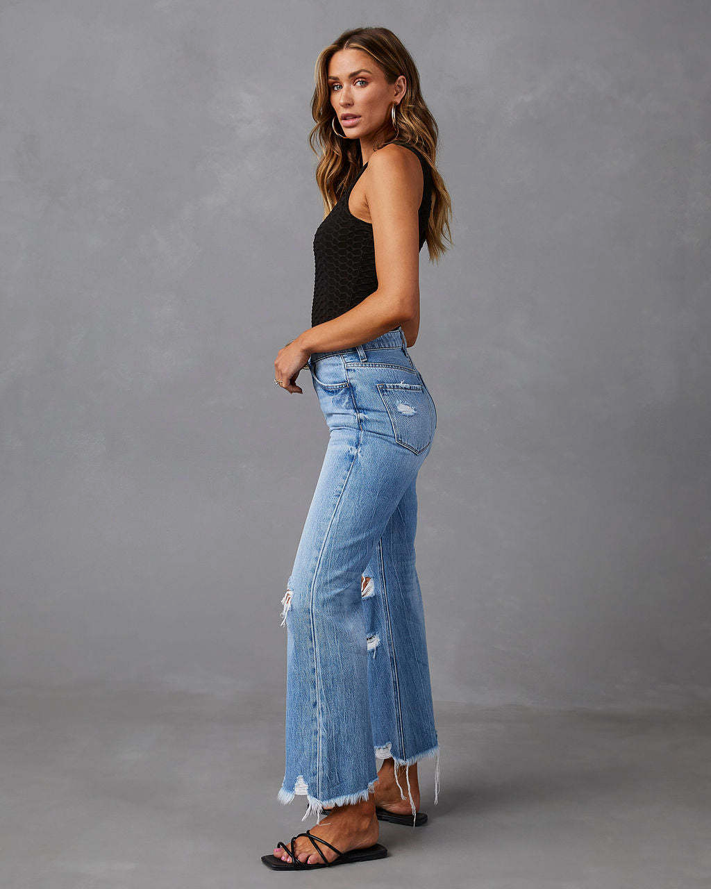 Rippede jeans med høj talje og brede ben
