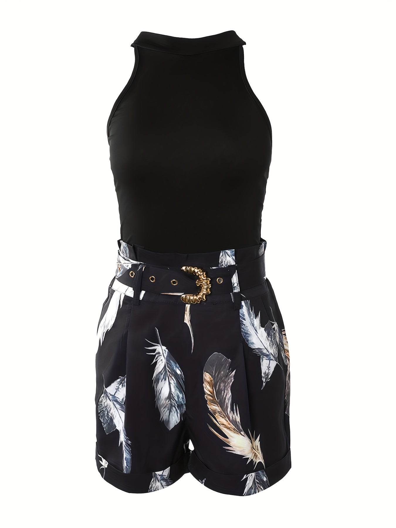 Tanktop med blomsterprint og shorts med bælte