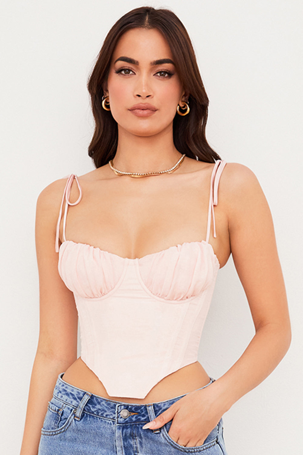 Baby pink cropped korset med plisseret chiffon buste Online nu