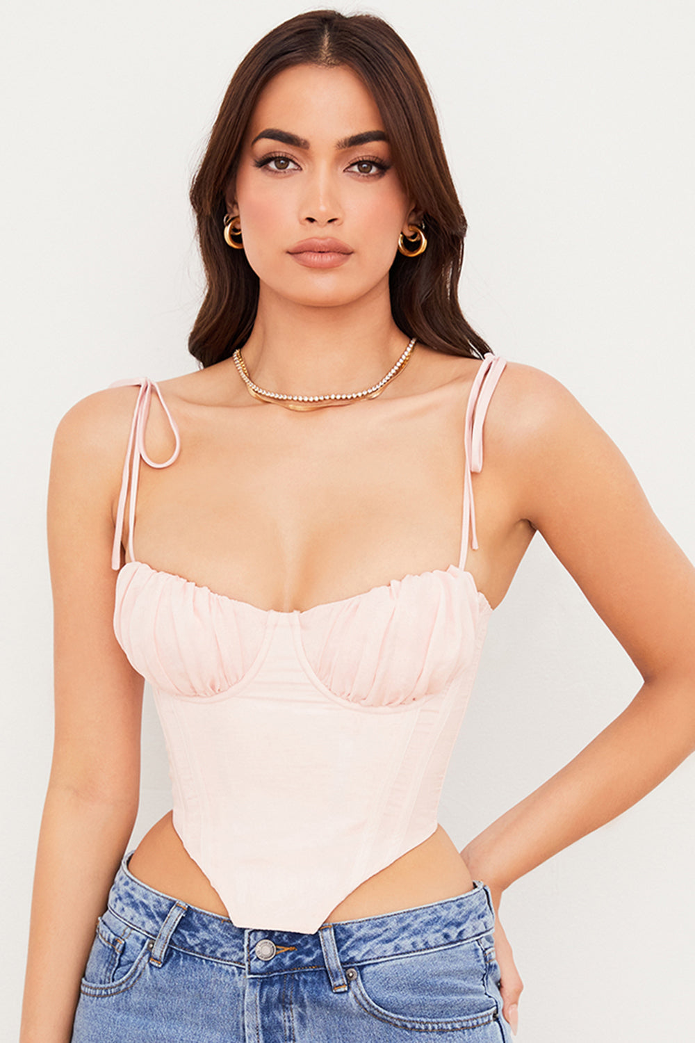 Baby pink cropped korset med plisseret chiffon buste Online nu