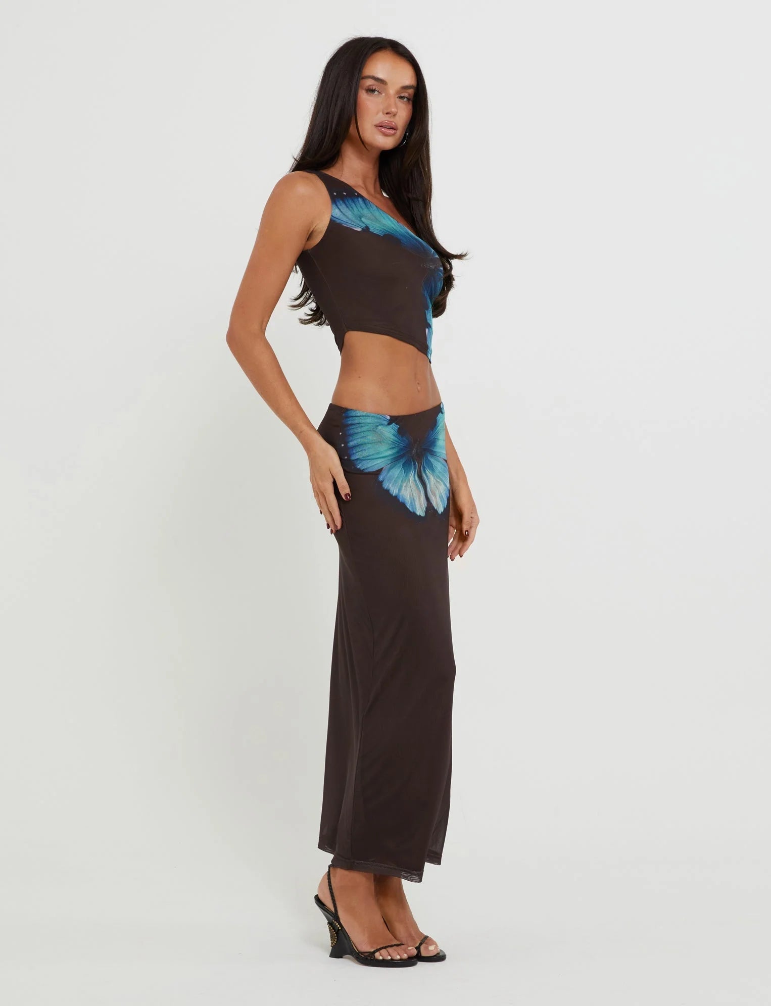 Butterfly Maxi Nederdel Med One Shoulder Top I Brun