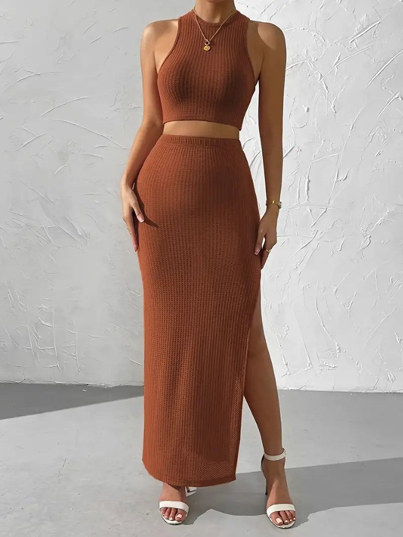 Ærmeløs Crop Top med Maxi-nederdel strikket sæt