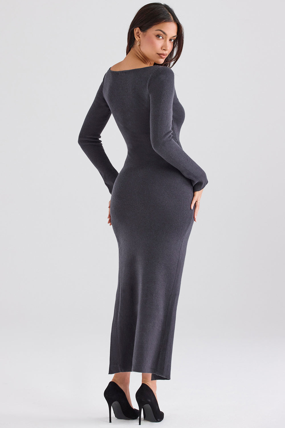 Trækul cashmere strikket maxi kjole