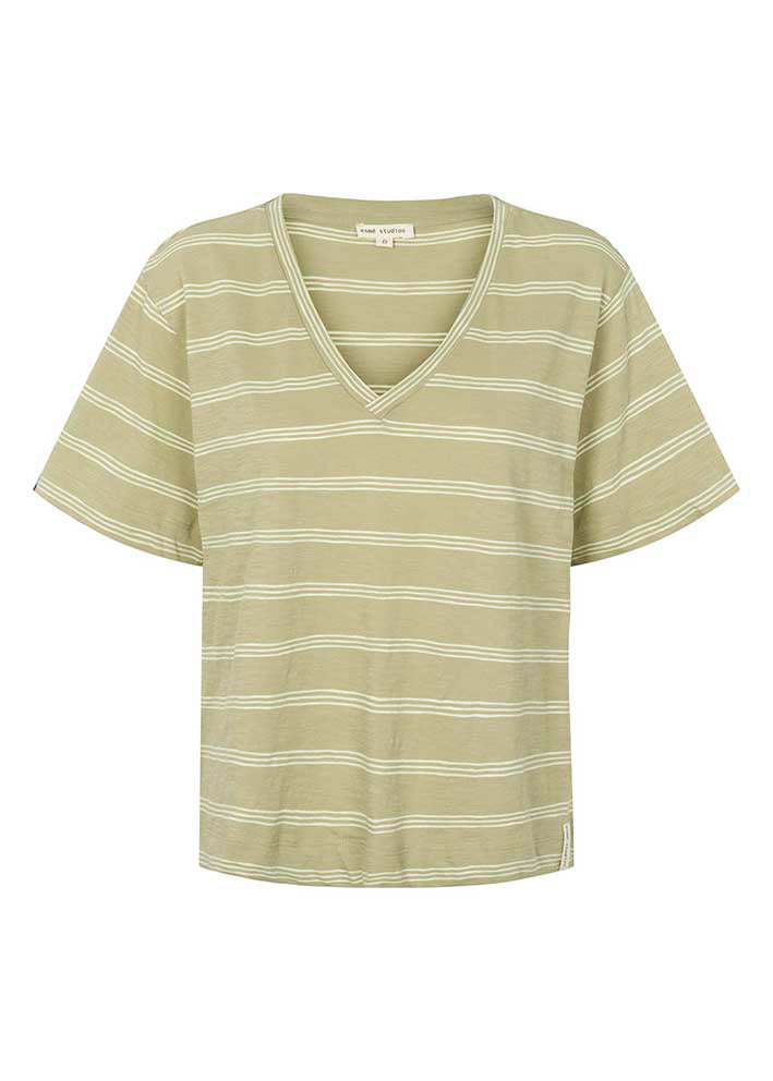 Esmé Studios Emmie V-neck T-shirt - Elm/Lime Cream Stripe