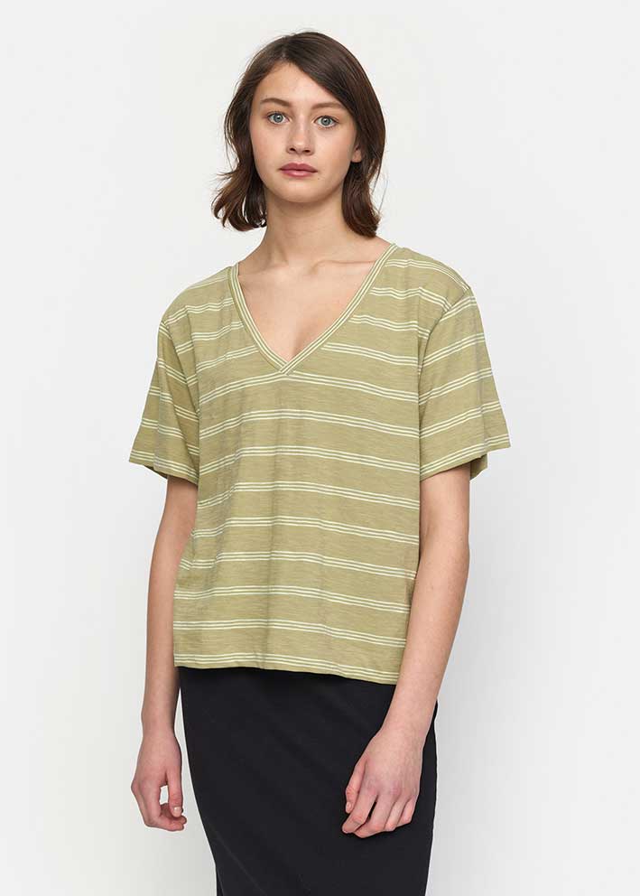 Esmé Studios Emmie V-neck T-shirt - Elm/Lime Cream Stripe
