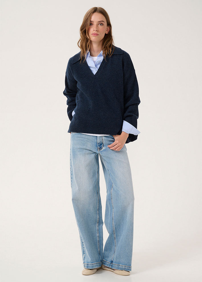 My Essential Wardrobe Huxi V-Neck Pullover - Dark Sapphire Blue Melange
