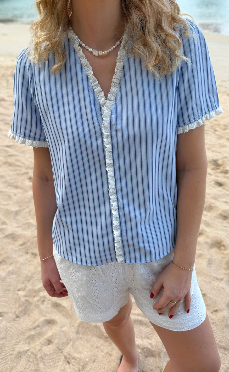 Say INA Copenhagen Top - Catja - Blue Striped W. Lace