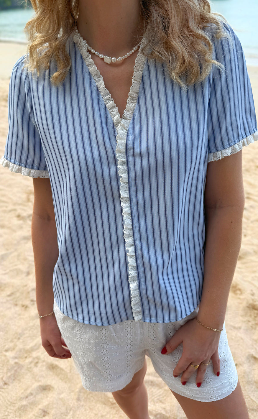 Say INA Copenhagen Top - Catja - Blue Striped W. Lace