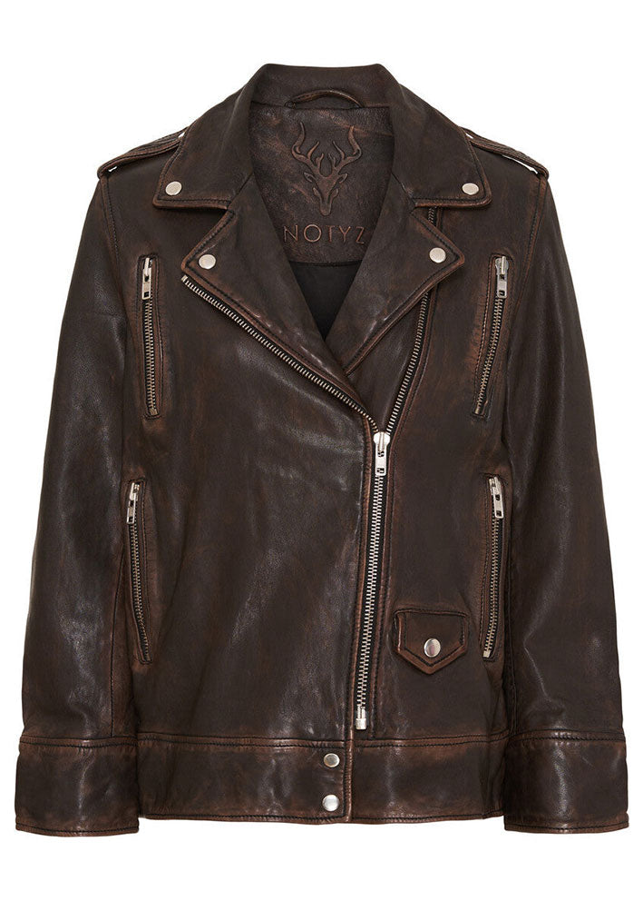 Notyz Oversized Biker Jacket 11297 Walnut with silver