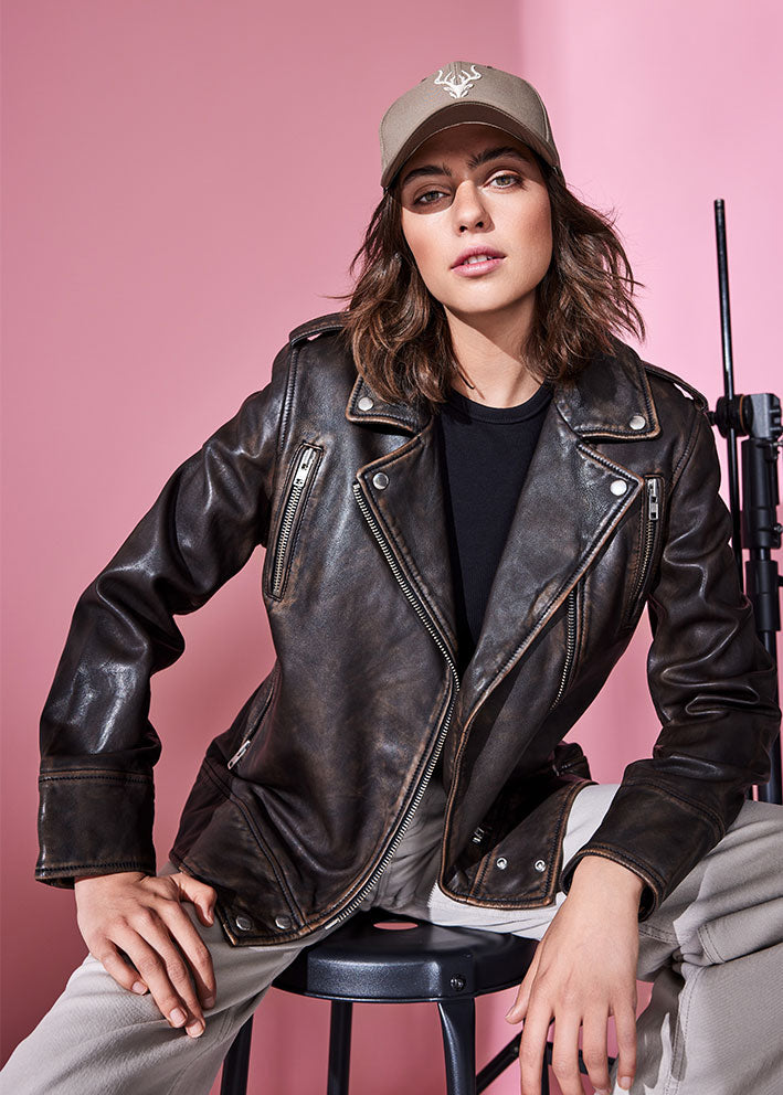 Notyz Oversized Biker Jacket 11297 Walnut with silver