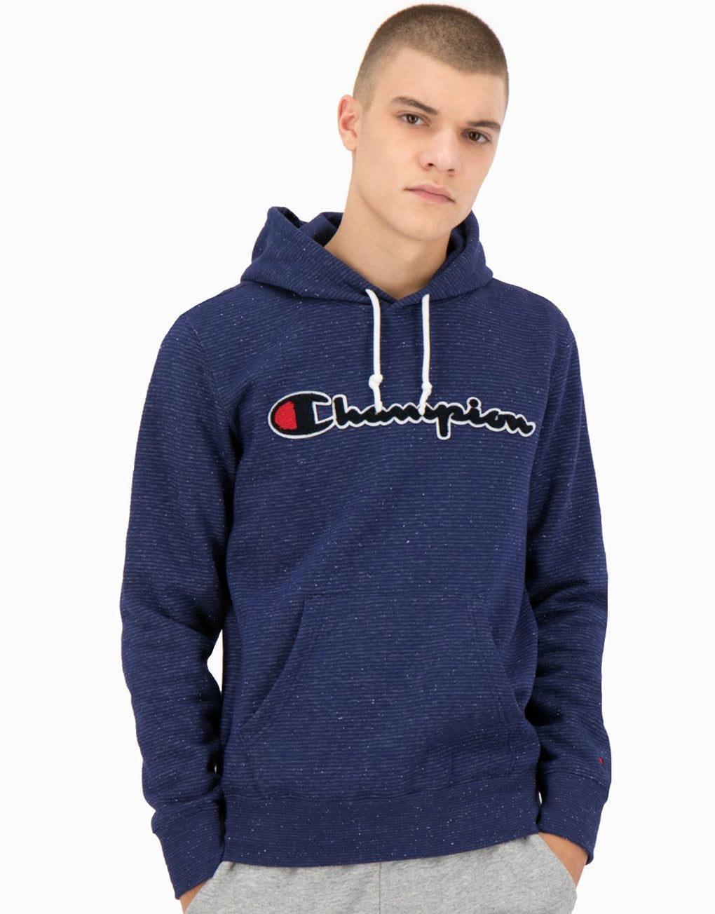 Champion Striped Cotton Mélange Script Logo Hoodie