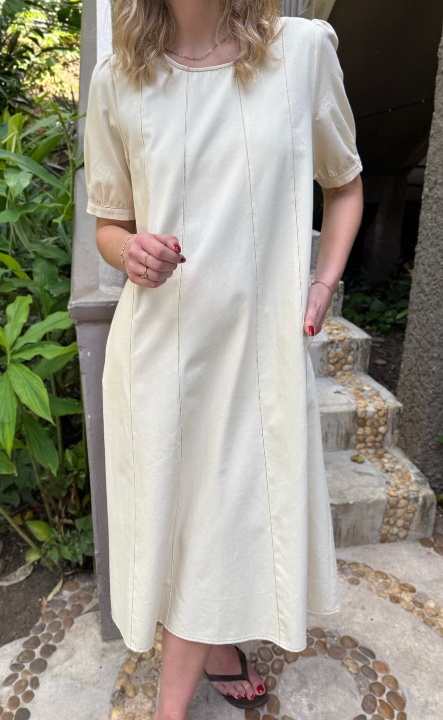 Say INA Copenhagen Kjole - Daniella Denim - Creme W. Brown Stitches Online Hot Salg