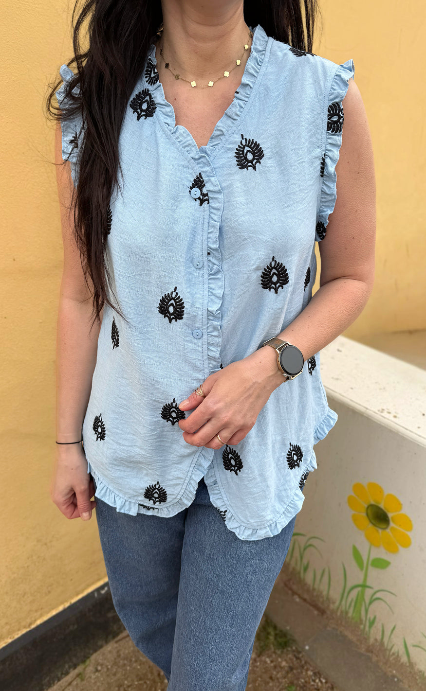 Say INA Copenhagen Top - Melania - Blue w. Black Embroidery