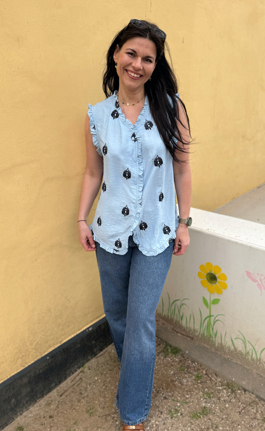 Say INA Copenhagen Top - Melania - Blue w. Black Embroidery