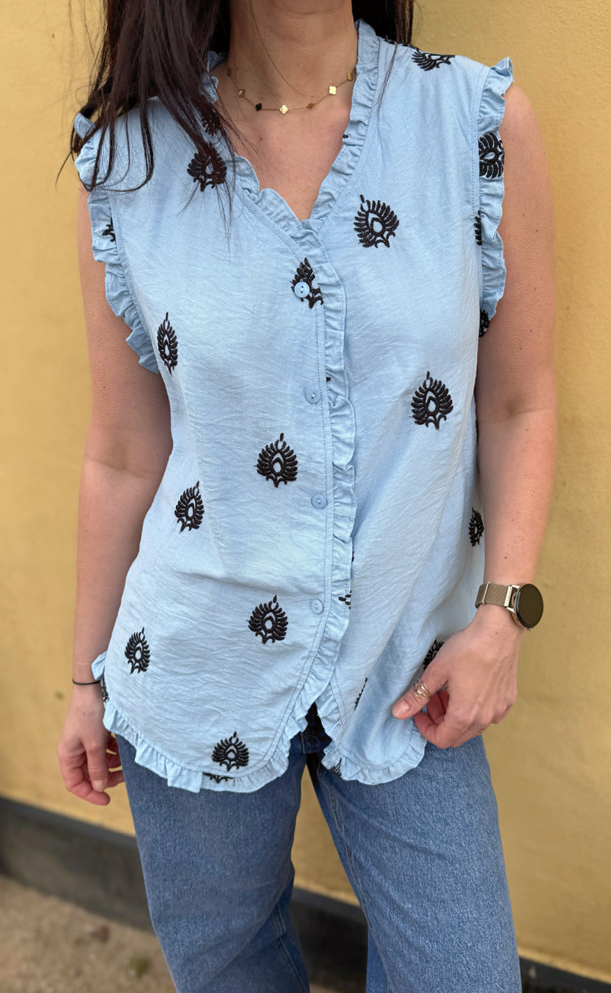 Say INA Copenhagen Top - Melania - Blue w. Black Embroidery