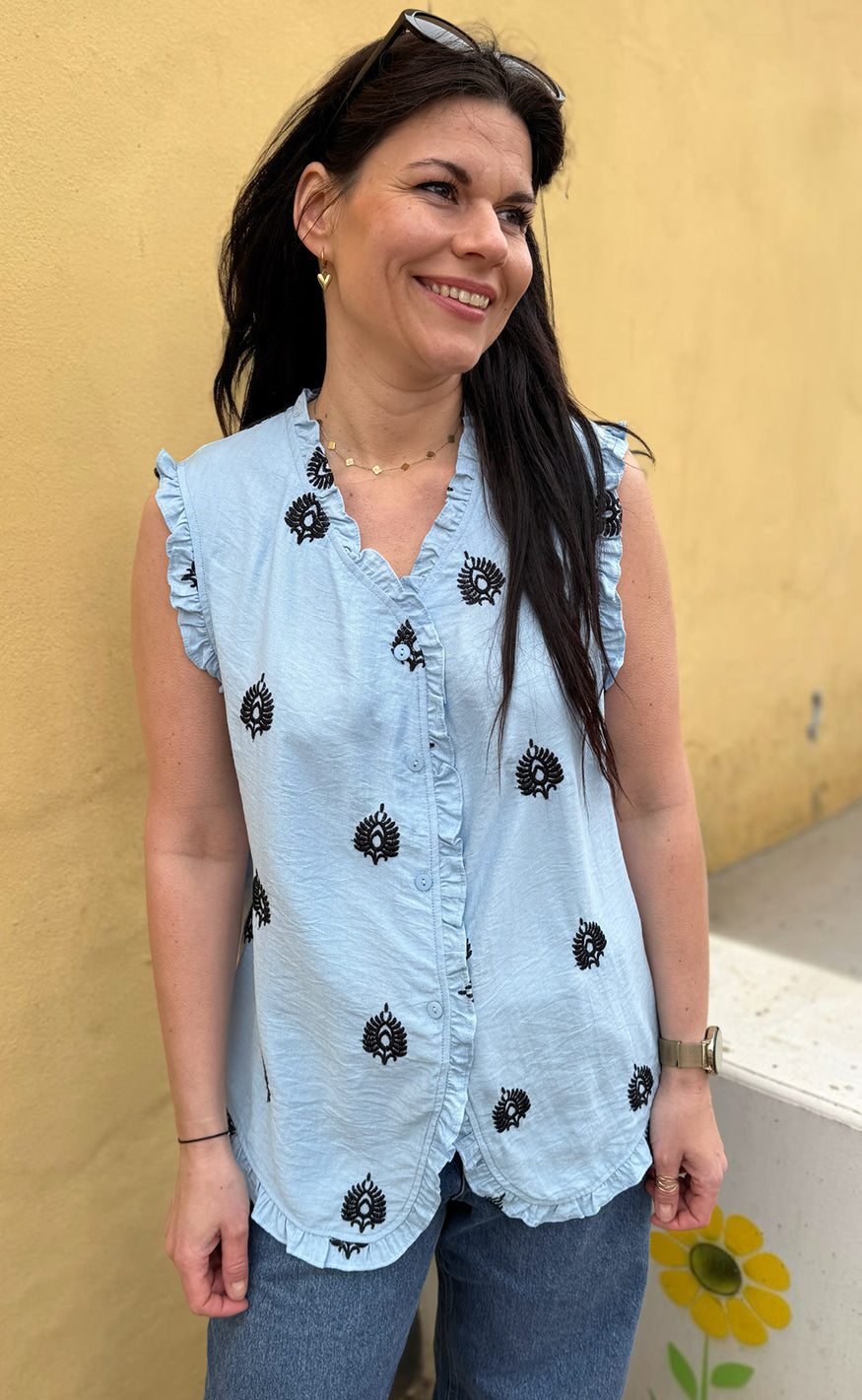 Say INA Copenhagen Top - Melania - Blue w. Black Embroidery