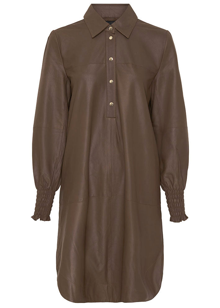 BTF CPH A-Shape Dress with smock 100159 Skindkjole - Brown with Light Gold