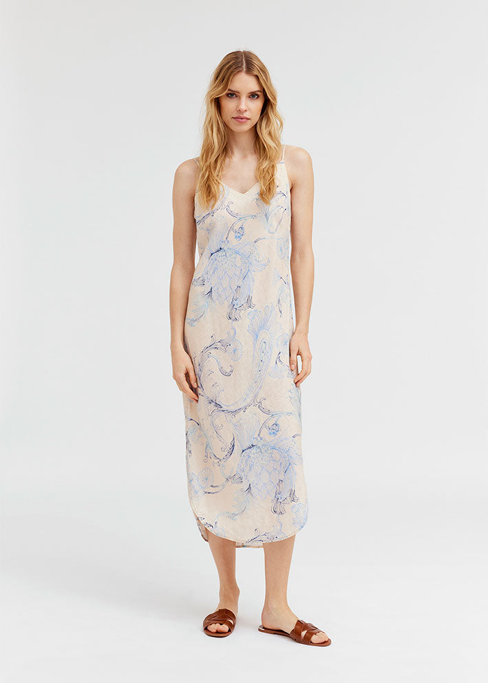 Gustav Bati bias cut midi+ dress 53504 Sand w. Blue Feathers Levere