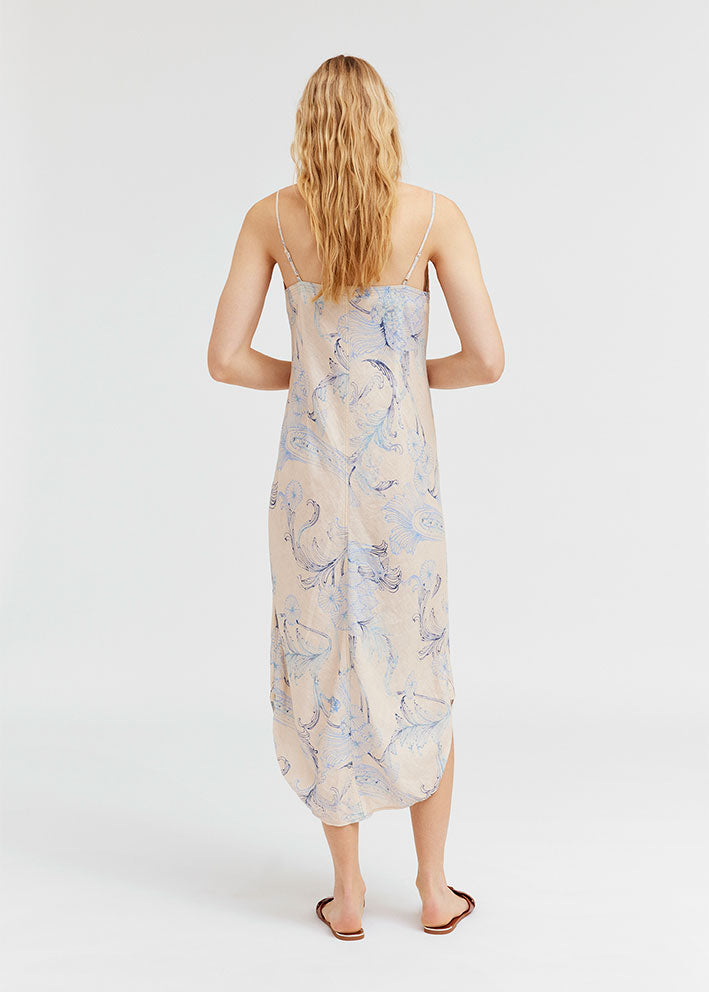 Gustav Bati bias cut midi+ dress 53504 Sand w. Blue Feathers Levere