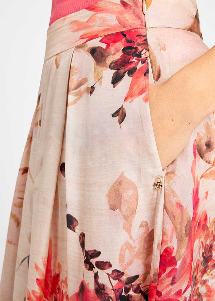 Gustav Mabell midi+ pleated skirt 57559 Nederdel - Sand w. Rose Print