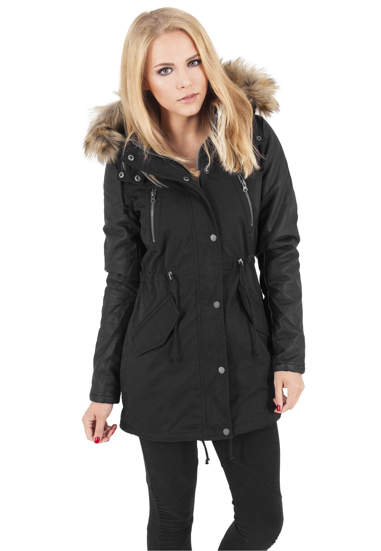 Urban Classics Ladies Leather Imitation Sleeve Parka Hot på udsalg