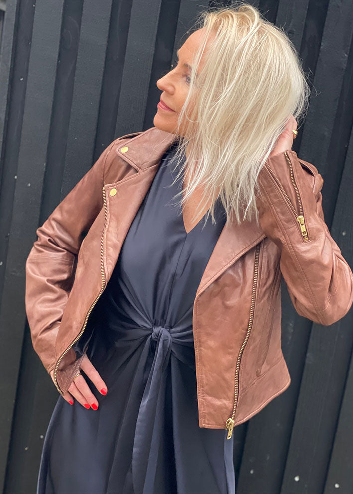 Notyz Biker Jacket 10961 Skindjakke - Carob brown with gold