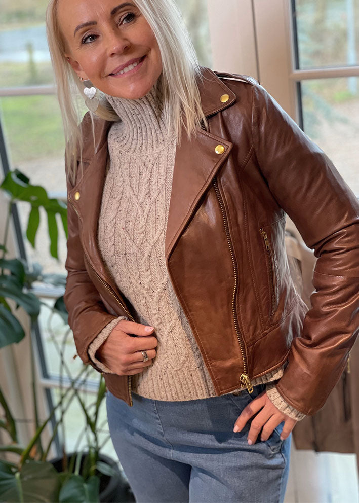 Notyz Biker Jacket 10961 Skindjakke - Carob brown with gold