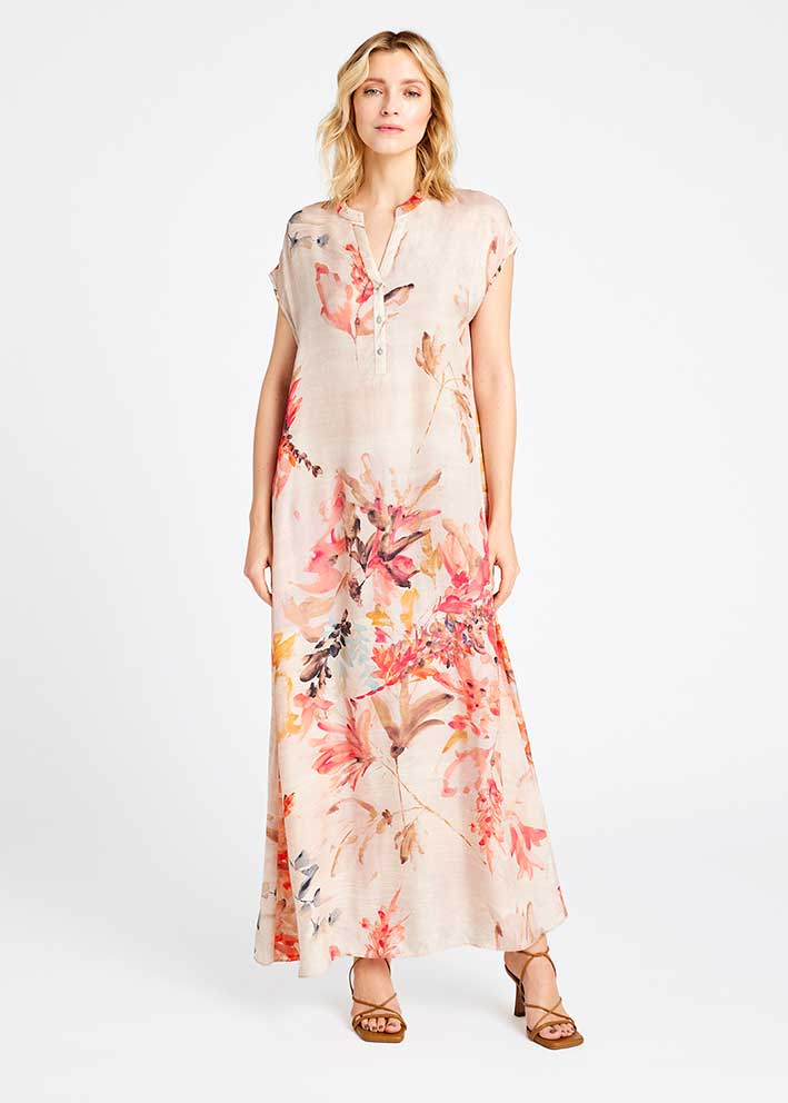Gustav Anika long dress 57524 Kjole - Sand w. Rose Print