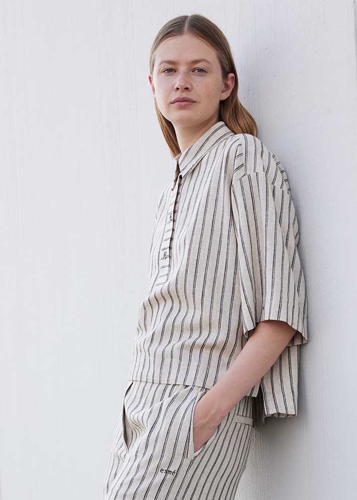 Esmé Studios Kasia Boxy Hør Skjorte - Pure Cashmere Pinstripe