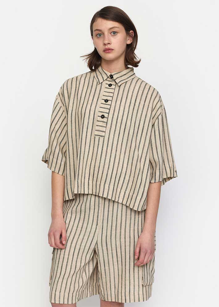 Esmé Studios Kasia Boxy Hør Skjorte - Pure Cashmere Pinstripe