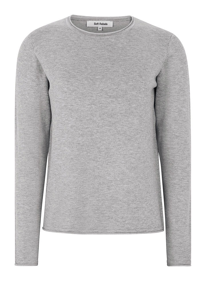 Soft Rebels Marla O-neck Roll Edge Knit SR219-208 Light Grey Melange