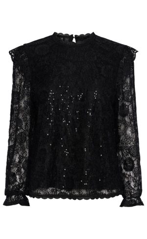 Pieces Top - Olline LS Lace Sequins - Black Udsalg