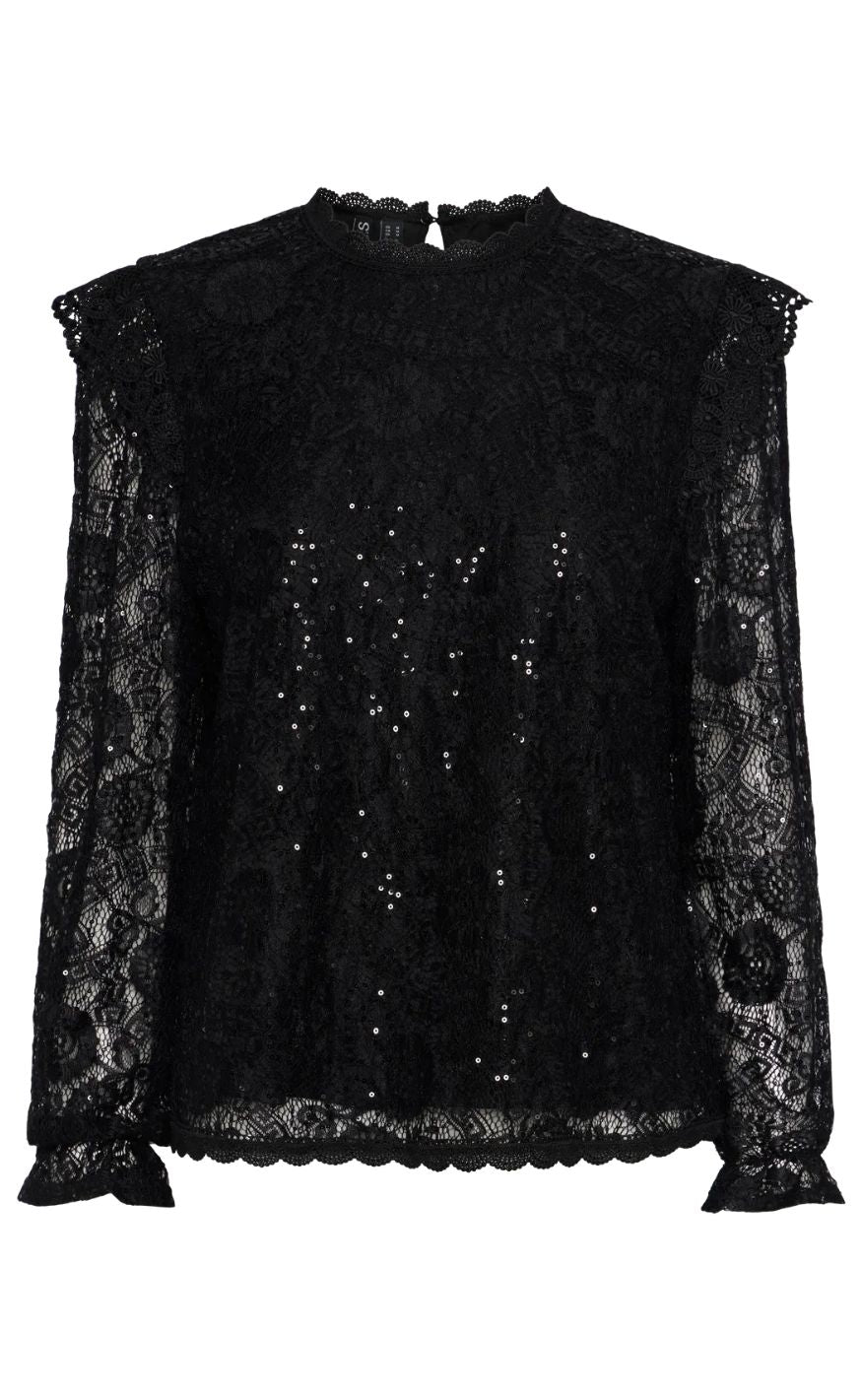 Pieces Top - Olline LS Lace Sequins - Black Udsalg