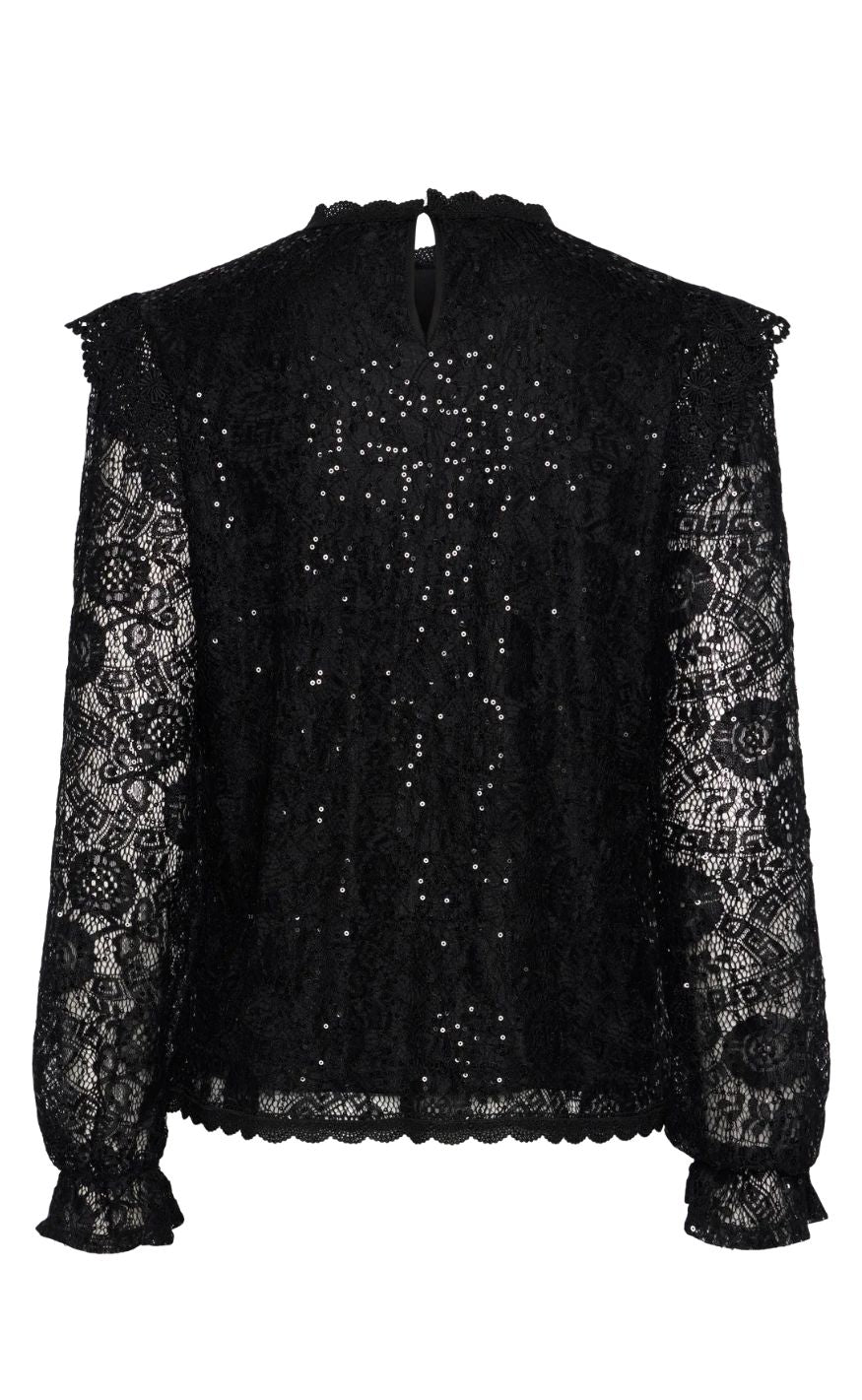 Pieces Top - Olline LS Lace Sequins - Black Udsalg