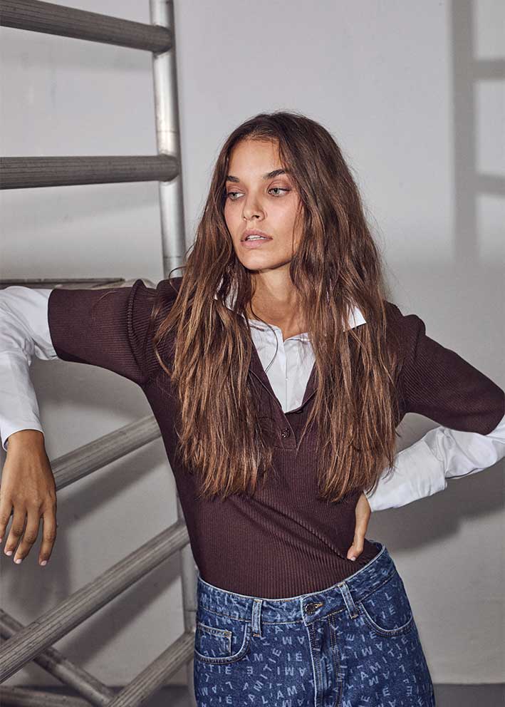 Haute L'Amitie Piccolo SS Polo Rib Knit - Mocca Online Hot Salg