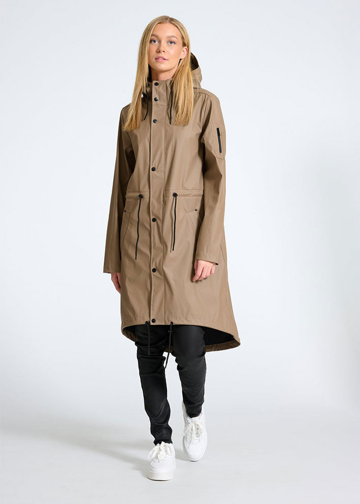 Notyz Lang Regnjakke med taske 40393 Taupe