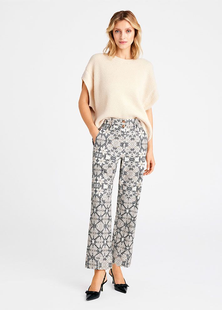 Gustav Cali 7/8 straight leg 56031 Bukser - Black w. sand lace print